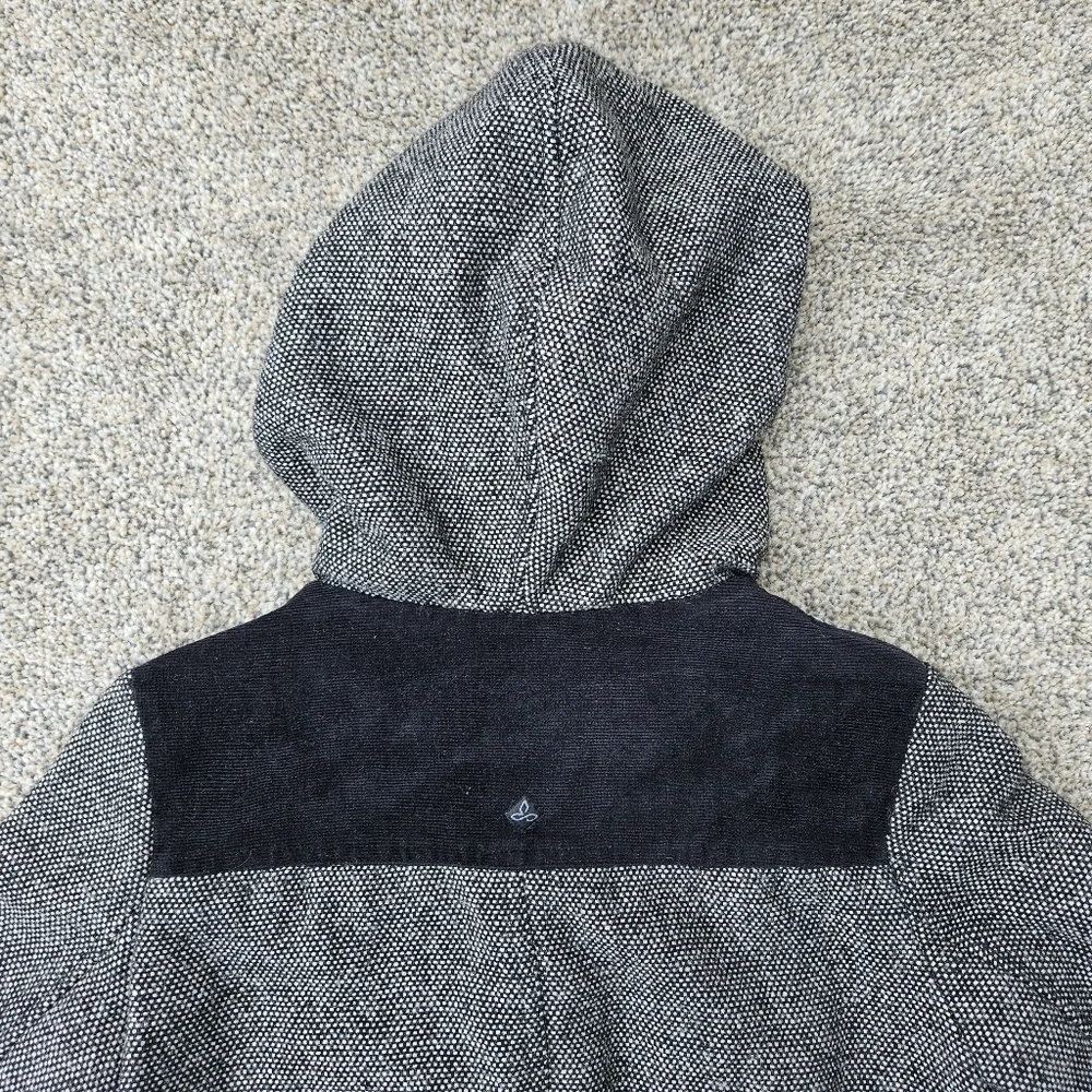 Prana Megan Black Tweed Duffle Wool Blend Jacket Sherpa Hood Toggle Womens XS
